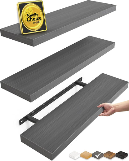 BAYKA Grey Floating Shelves for Wall, 22.5 inches Wall Mounted Rustic Wood Shelves for Bathroom, Bedroom, Living Room, Floating Shelves for Books/Storage/Decor (Set of 3)