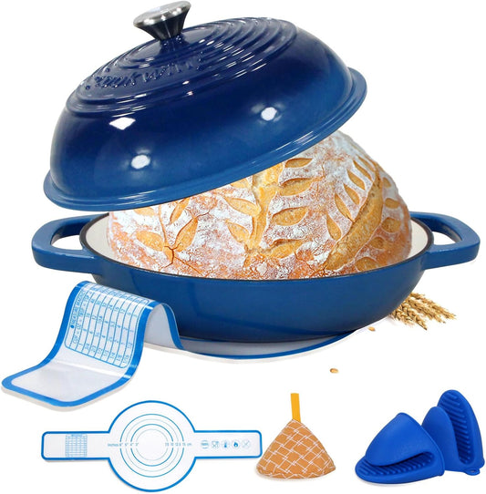 Enameled Cast Iron Dutch Oven with Lid, 11" Dutch Oven Bread Baking Kit, 6 Quart Blue Thick Enamel Bread Pan, Silicone Baking Mat - Family Gifts