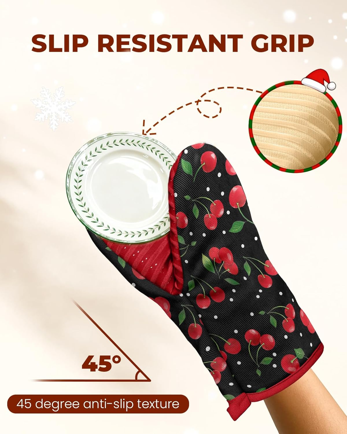 Slohif Cherry Mini Oven Mitts Set – Red Extended Short Heat Resistant Kitchen Gloves for Women, 100% Cotton Oven Mitts with Silicone Grips, Non-Slip and Thick Durable for Cooking & Baking
