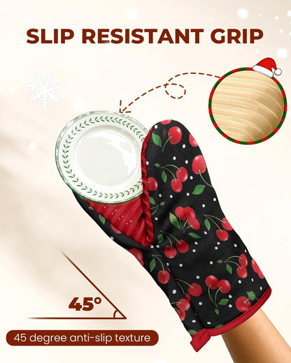 Slohif Cherry Mini Oven Mitts Set – Red Extended Short Heat Resistant Kitchen Gloves for Women, 100% Cotton Oven Mitts with Silicone Grips, Non-Slip and Thick Durable for Cooking & Baking