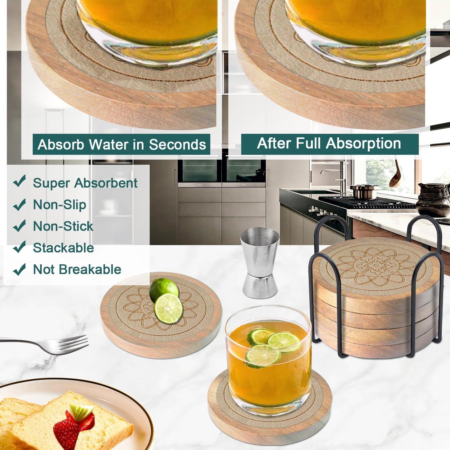 Wood Coasters for Drinks Housewarming Gifts for Home Decoration Absorbent Coasters with Holder for Coffee Tabletop Protection 4.3 Inch Beige