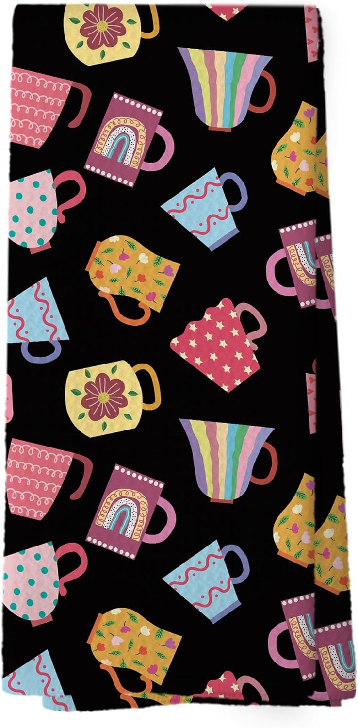 Trendy Teacups Kitchen Dish Towels Black, Coffee Cups Teapots Kitchen Decor, Aesthetic Garden Tea Lover Gifts for Women men, Tea Time Hand Towels Kitchen Bathroom Tea Towels Decorations, 16x24inch