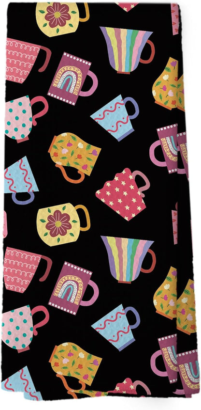 Trendy Teacups Kitchen Dish Towels Black, Coffee Cups Teapots Kitchen Decor, Aesthetic Garden Tea Lover Gifts for Women men, Tea Time Hand Towels Kitchen Bathroom Tea Towels Decorations, 16x24inch