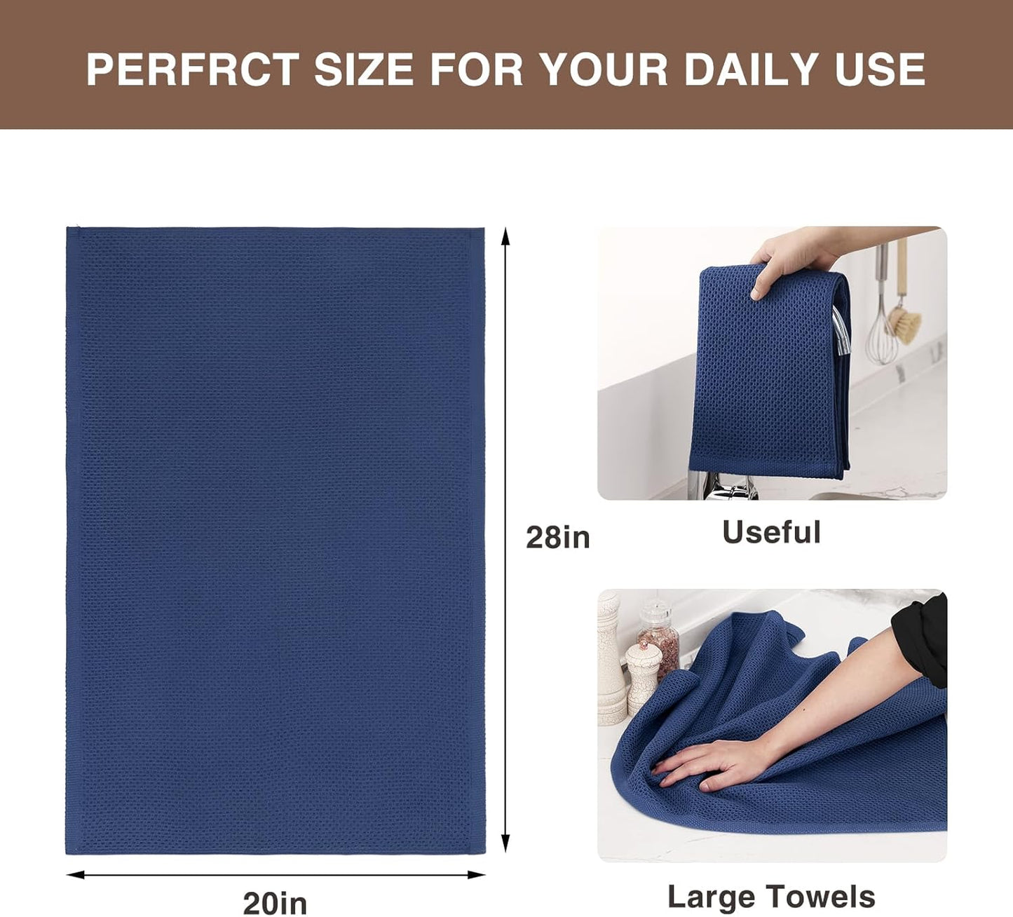 Homaxy 100% Cotton Waffle Weave Kitchen Dish Towels, Ultra Soft Absorbent Quick Drying Cleaning Towel, 20x28 Inches, 8-Pack, Navy Blue