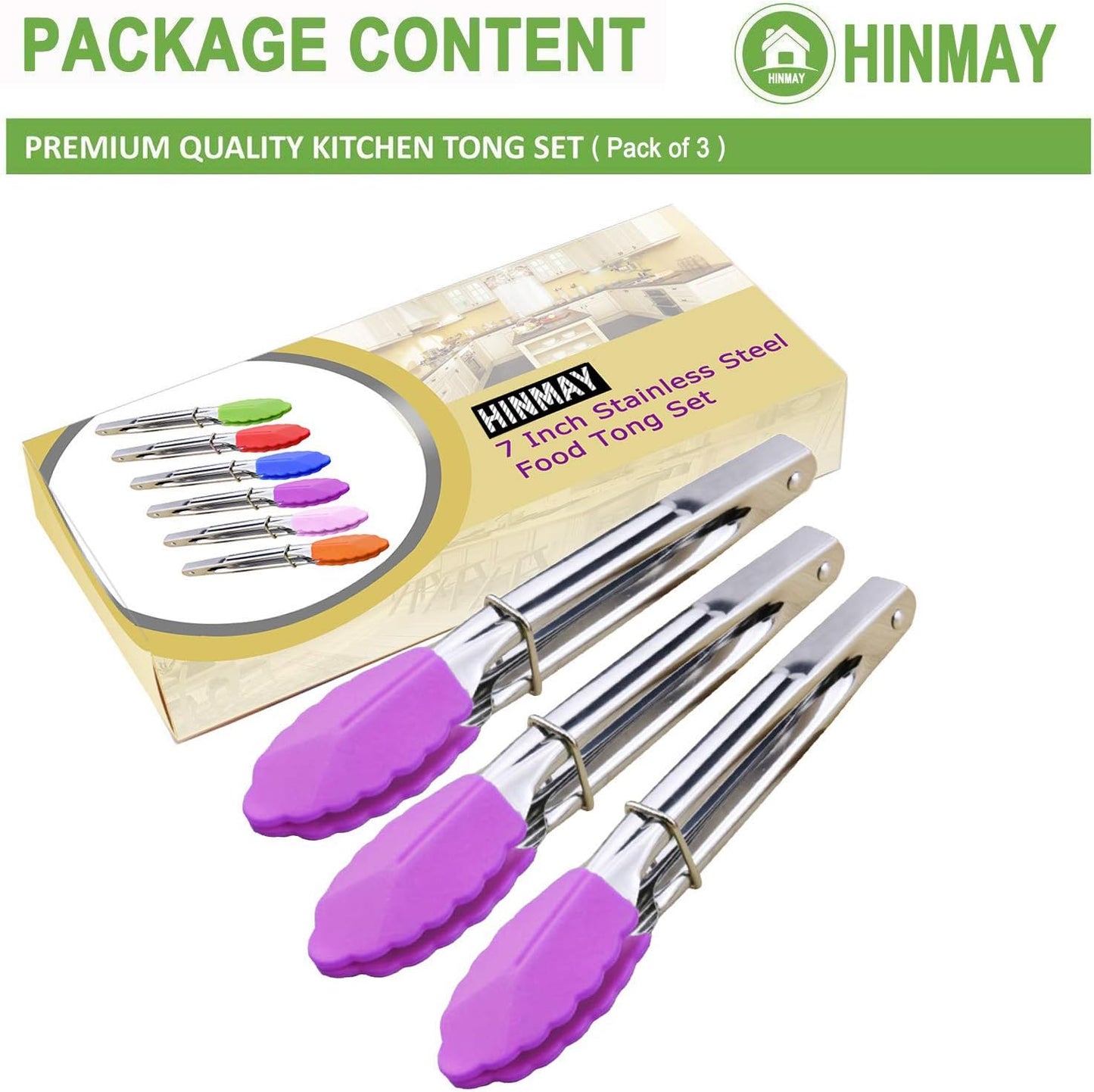 7-Inch Stainless Steel Tongs with Silicone Tips Locking Metal Food Tongs, Set of 3 (Purple)