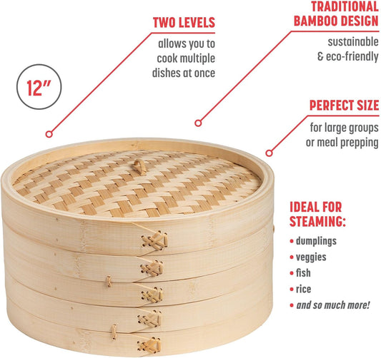 Joyce Chen 2-Tier Bamboo Steamer Baskets, 12-Inch
