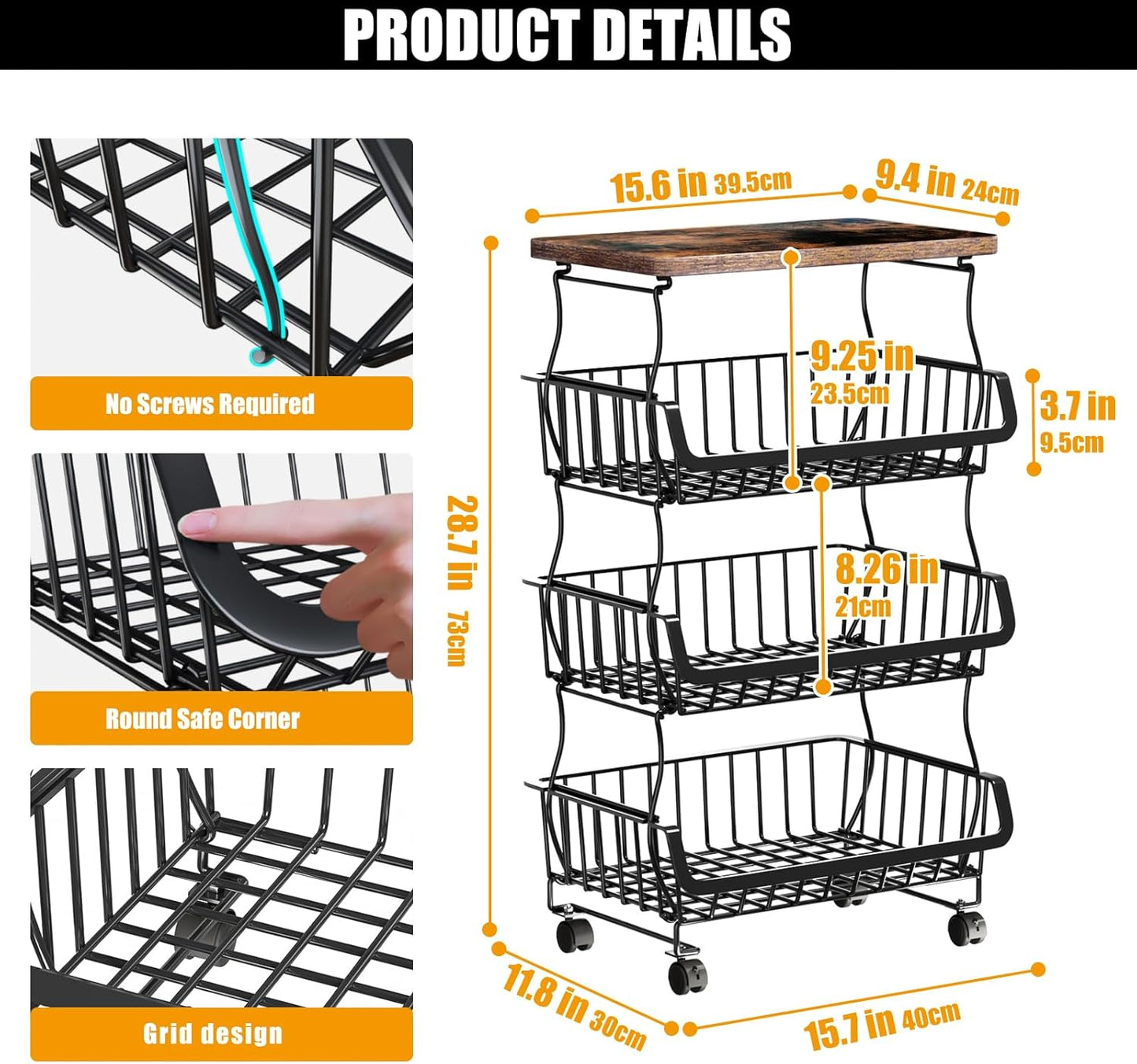 Fruit Vegetable Basket for Kitchen, 4 Tier Stackable Fruit Vegetable Storage Baskets with Wheels, Metal Wire Storage Basket Organizer Baskets for Kitchen, Pantry, Bathroom