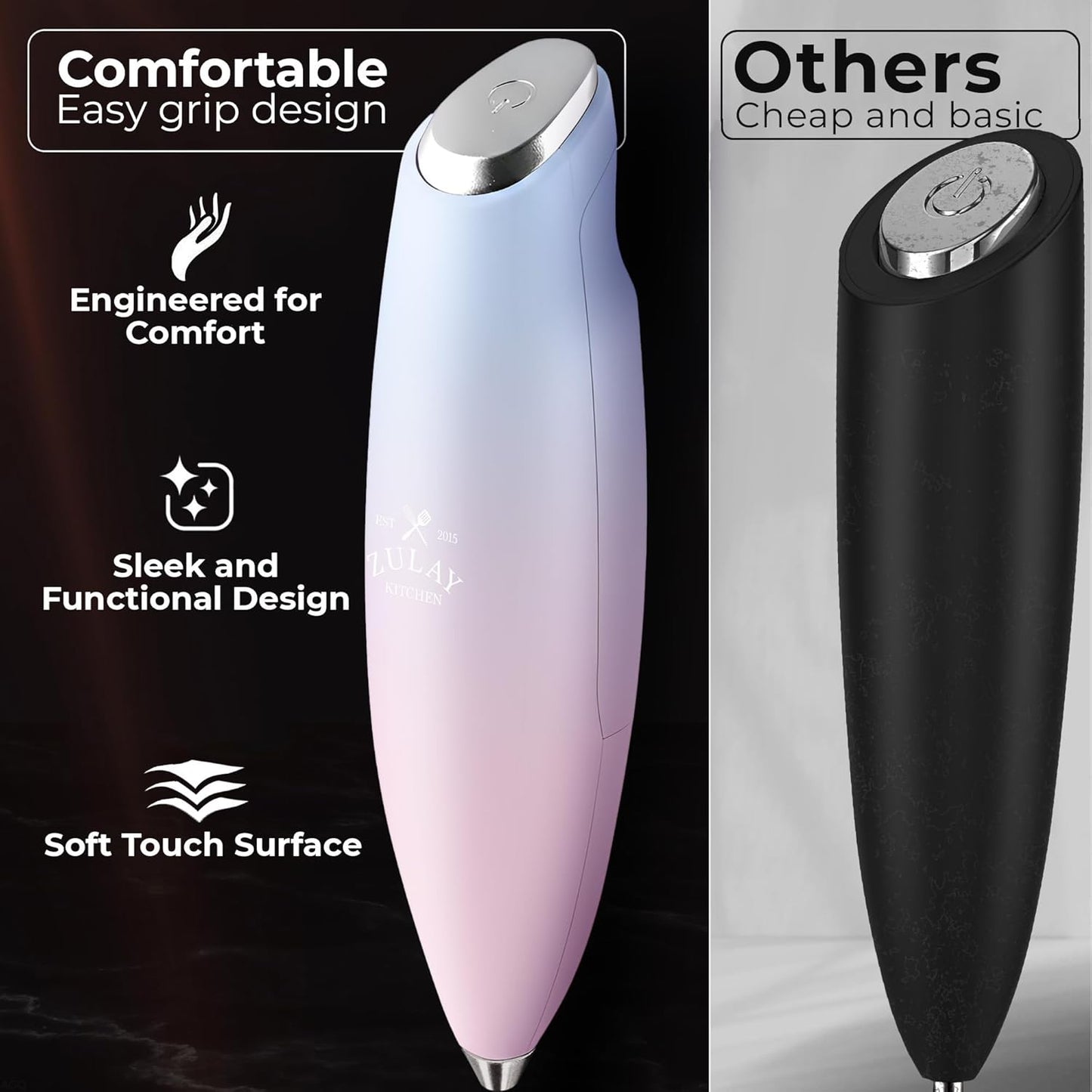 Zulay Kitchen Patented Tornado Triple Whisk Milk Frother with 4 Duracell Batteries – Handheld Foam Maker for Coffee, Lattes, Matcha & Hot Chocolate – Rich, Creamy Froth in Seconds