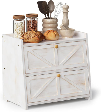 Vintage Double Layer Bread Box for Kitchen Counter Bamboo Bread Storage Container Large Capacity Bread Storage Bin (Antique White)