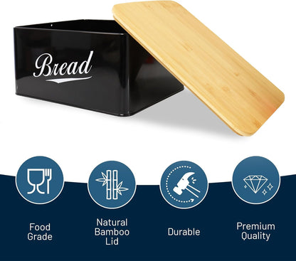 RoyalHouse Modern Metal Bread Box with Bamboo Cutting Board Lid, Bread Storage Container for Kitchen Counter, Vintage Kitchen Decor Organizer - Black