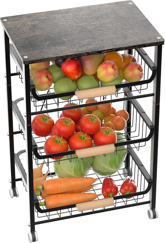 4-Tier Fruit Basket, Pull-Out Kitchen Storage Cart with Wooden Tabletop and Mesh Baskets, Mobile Kitchen Organizer Cart with Wheels, Pantry for Fruit/Potato/Onion/Vegetable/Snack