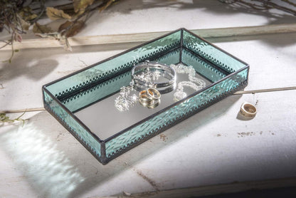 Turquoise Blue Glass Tray Mirrored Bottom Decorative Bathroom Vanity Cosmetic Makeup Organizer Jewelry Display Perfume Holder Dresser Home Décor Candle Tray Gift for Woman J Devlin Tra 126