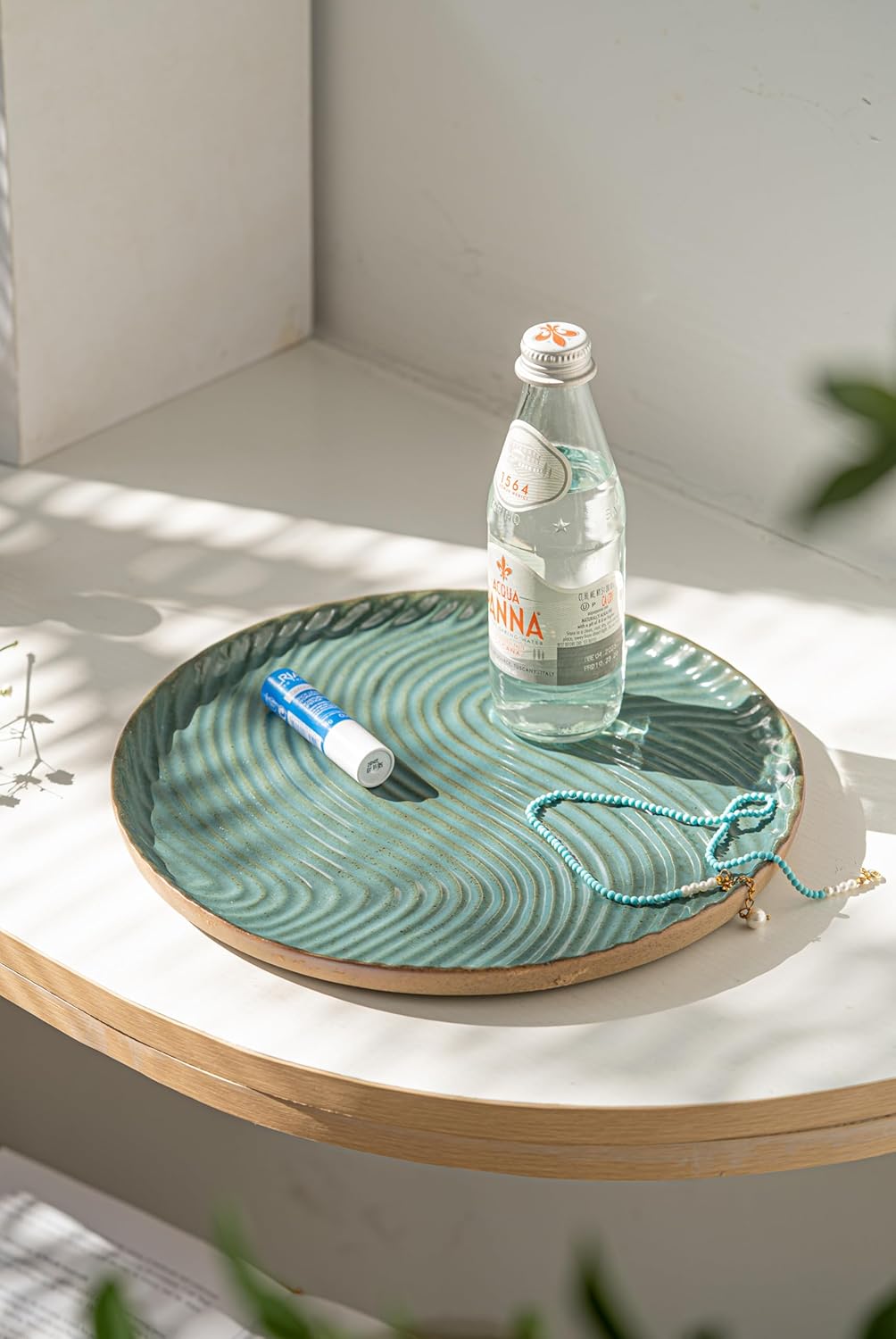 Vanity Tray with Brown Trim - Candle & Perfume Holder Organizer - Round, Green, 11"11" - Home Decor for Dresser, Table, Bathroom Countertop