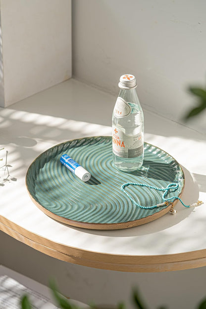 Vanity Tray with Brown Trim - Candle & Perfume Holder Organizer - Round, Green, 11"11" - Home Decor for Dresser, Table, Bathroom Countertop