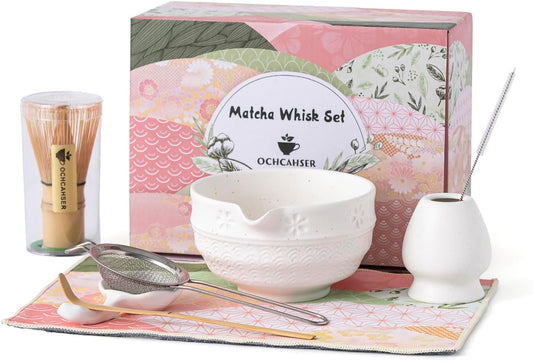 Matcha Tea Set, 8 Pcs Japanese Matcha Kit with Cherry Blossom and Wave Design Ceramic Bowl, Bamboo Whisk, Whisk Holder, Scoop, Sifter, Brush, Matcha Kit Set for Matcha Lovers (Speckled White)