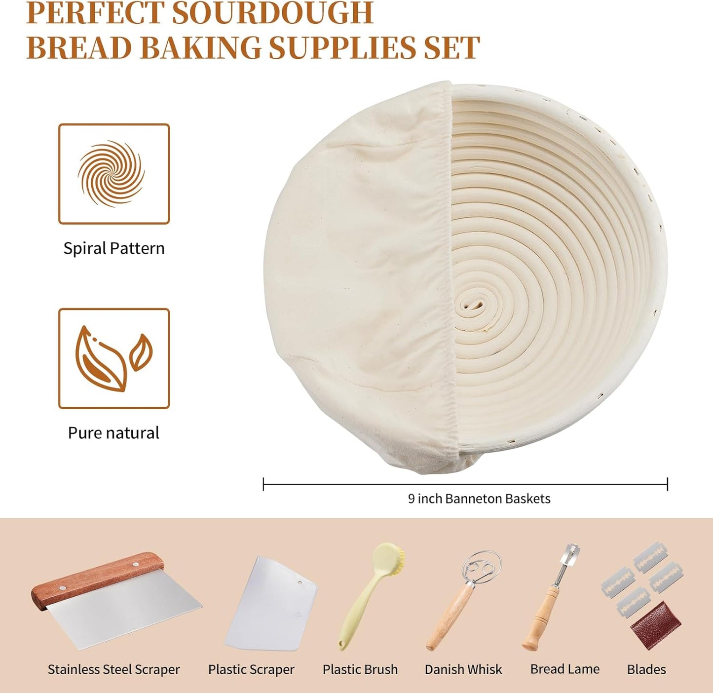 Banneton Bread Proofing Basket Banneton Basket Set Sourdough Proofing Basket Round Proofing Bowls Handmade Rattan Baskets and Liners (Round of 1 Gift Set)