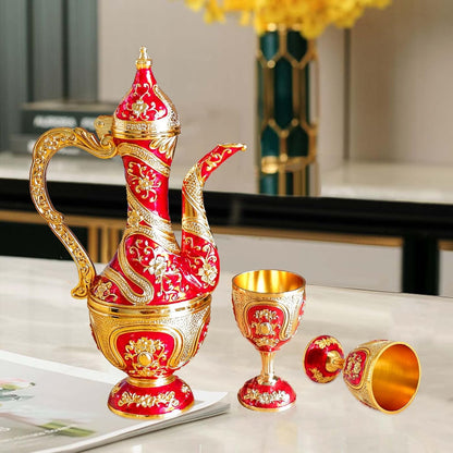 Vintage Turkish Coffee Pot and Cups Set,Tea Service Set Including Teapot,Tea Tray and Metal Cups for Wine Cabinet Decor,Wedding Ornaments (Gold and Red)