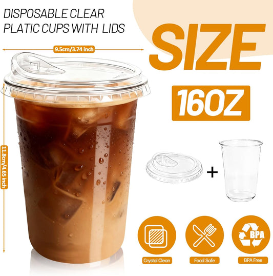 50 Set 16 oz Plastic Iced Coffee Cups with Strawless Sip Lids, Clear Rounded Bottom Plastic Cups with Lids, Disposable To Go Iced Coffee Cups with Lid for Coffee, Juice, Cold Drinks, Latte