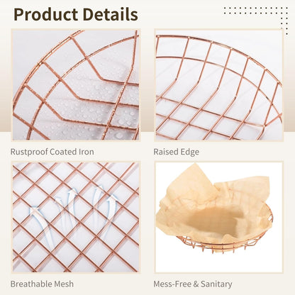 12 PCS Food Serving Wire Baskets, 9.8 x 1.8 in Wire Bread Baskets with 50 Sheets 11.8 in Square Deli Wrapper, Metal Snack Basket with Oil-Absorbing Paper for Restaurant Party