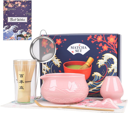 Matcha Whisk Set with Bowl, 8 Pcs Matcha Kit with Ceramic Holder, Scoop Holder, Sifter, Tea Towel, Greeting Card, Bamboo Whisk and Scoop, Pink Christmas Gift for Tea Lovers