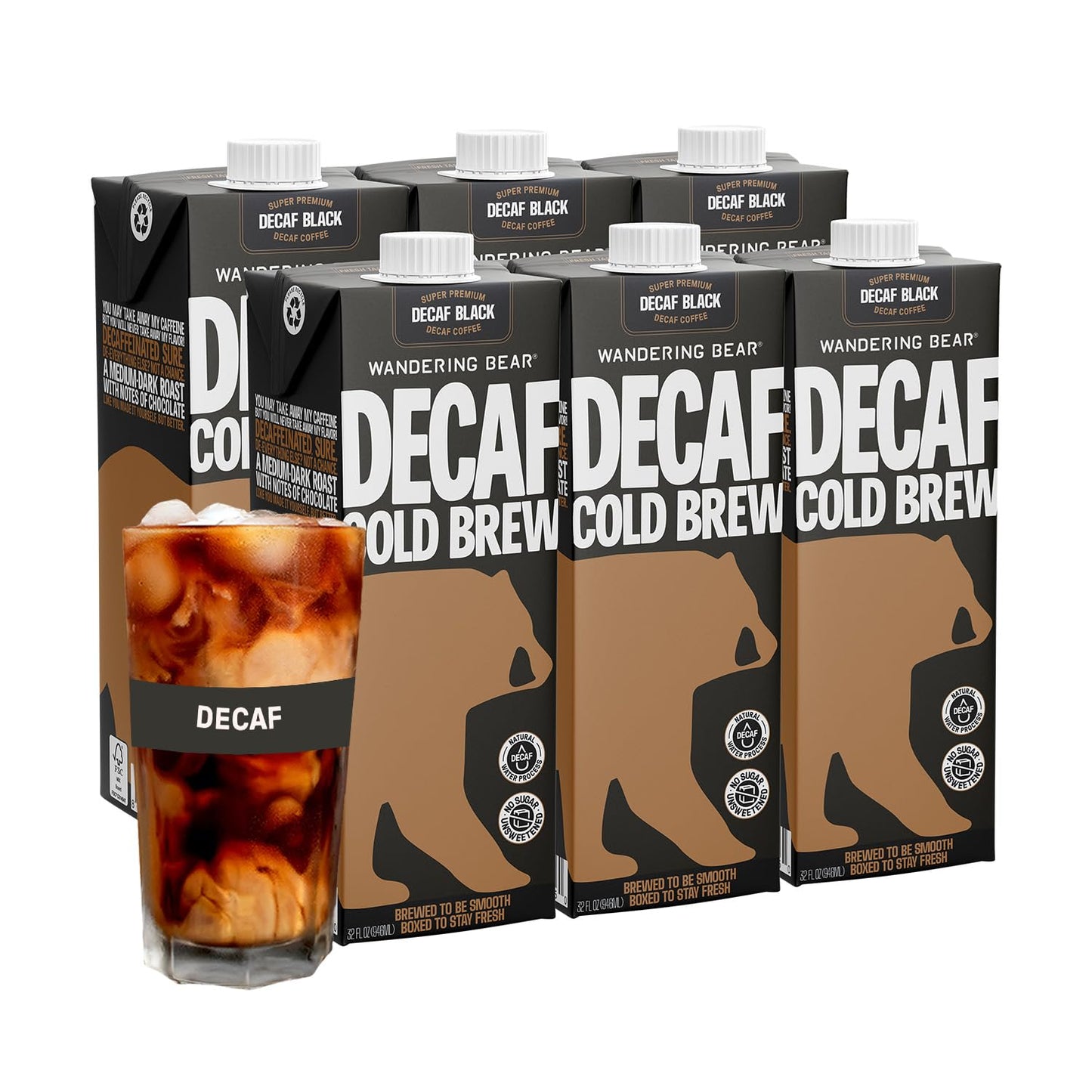 Wandering Bear Decaf Cold Brew Coffee - Bold, Smooth, No Sugar Added, Shelf-Stable, Ready to Drink, Gluten Free & Vegan Decaf Iced Cold Brewed Coffee Drink - 32 fl oz, 6 pack