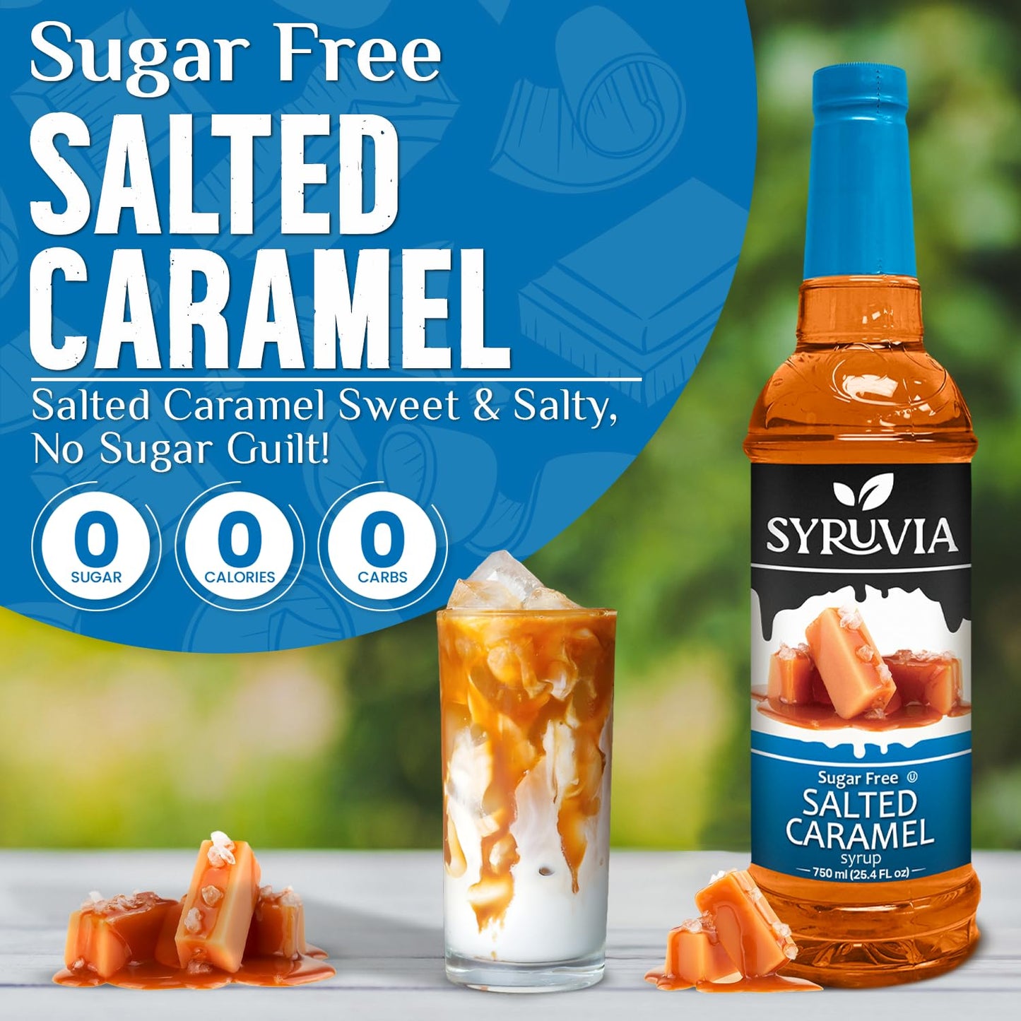 Syruvia Sugar Free Coffee Syrup, Salted Caramel Flavored Syrup for Drinks, Lattes, and Desserts – 25.4 fl oz,