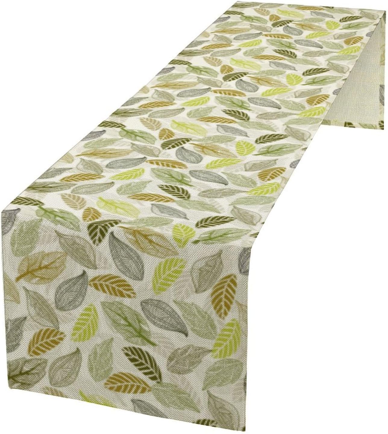 Boho Leaves Table Runner, Abstract Geometric Shapes Vintage Green Leaves Table Runner for Kitchen Party Dinner Home Living Room 13x36 Inch