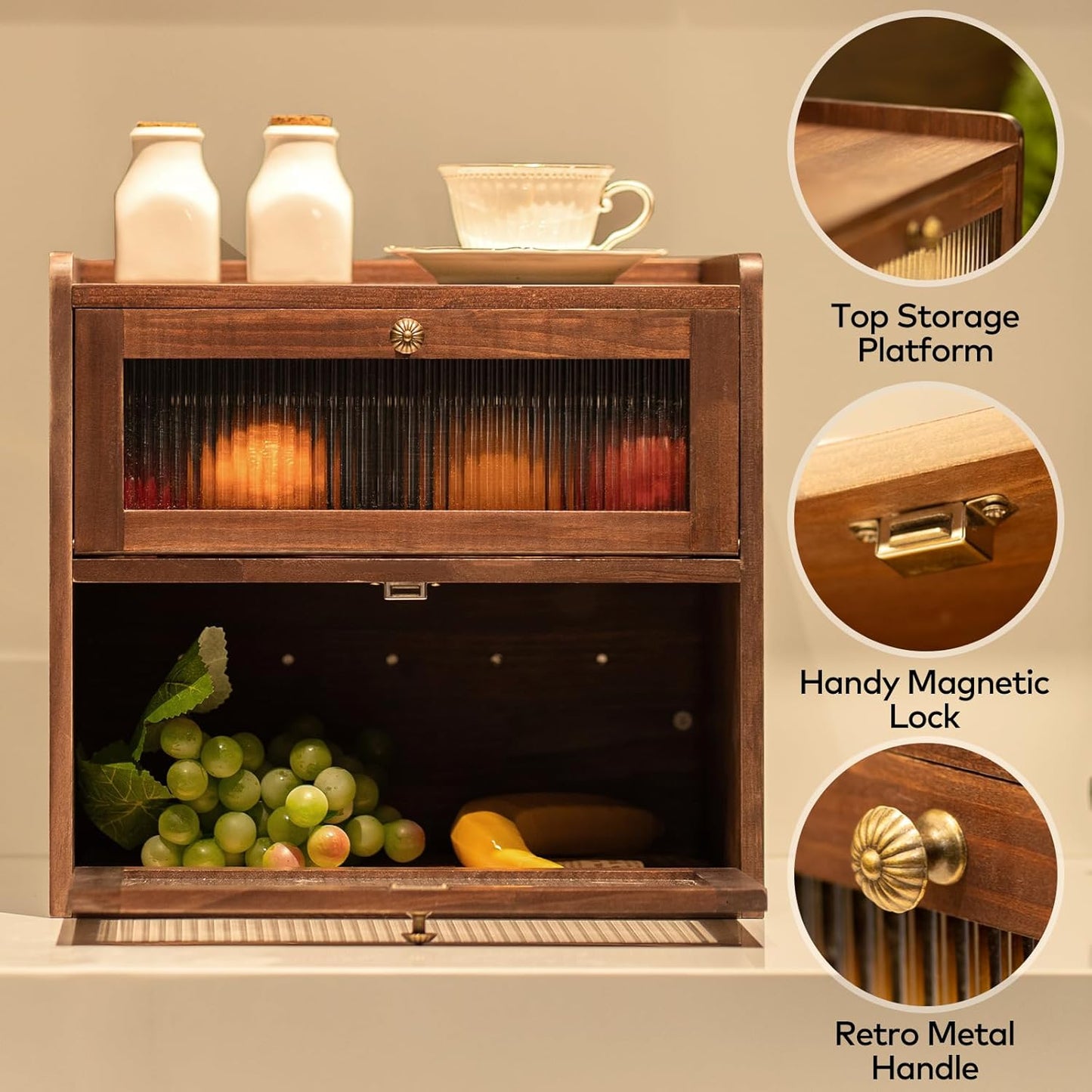 Solid Wood Bread Box for Kitchen Countertop with 50 Count Deli Paper, Double Layer Large Capacity Wooden Breadbox, Vintage Food Storage Container for Kitchen Counter Corner, Brown