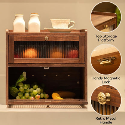 Solid Wood Bread Box for Kitchen Countertop with 50 Count Deli Paper, Double Layer Large Capacity Wooden Breadbox, Vintage Food Storage Container for Kitchen Counter Corner, Brown