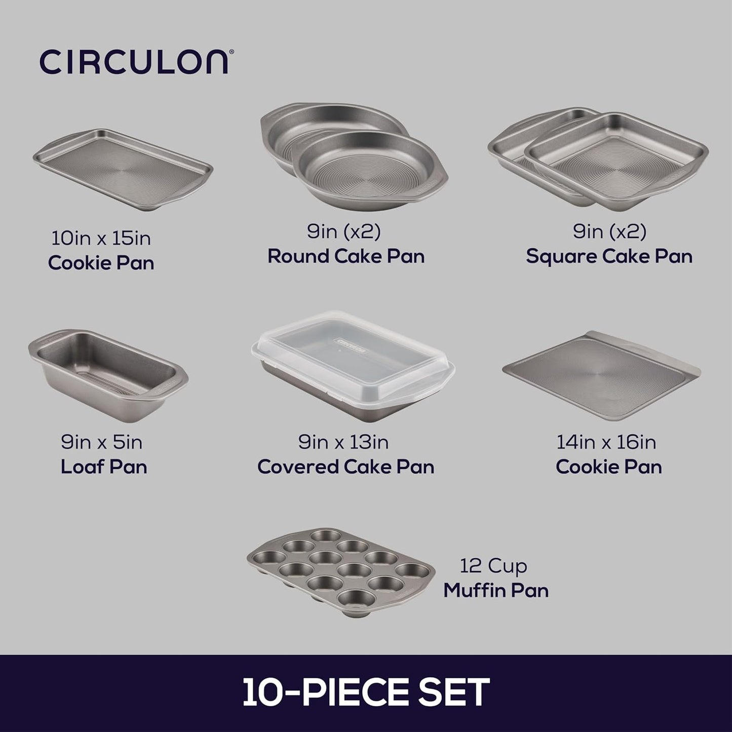 Circulon Total Nonstick Bakeware Set with Nonstick Bread Pan, Cookie Sheet, Baking Pan, Baking Sheet, Cake Pan and Muffin/Cupcake Pan - 10 Piece, Gray