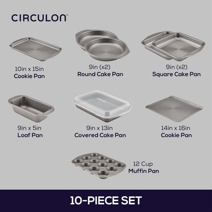 Circulon Total Nonstick Bakeware Set with Nonstick Bread Pan, Cookie Sheet, Baking Pan, Baking Sheet, Cake Pan and Muffin/Cupcake Pan - 10 Piece, Gray