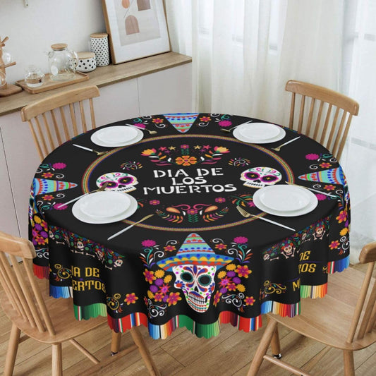 Mexican Round Tablecloth, Traditional Colorful Skull Floral Dia De Los Muertos Azulejo Mosaic Mexico Water Resisitant Table Cover for Dining Kitchen Living Room Home Party Holiday Decor 36 inch Round