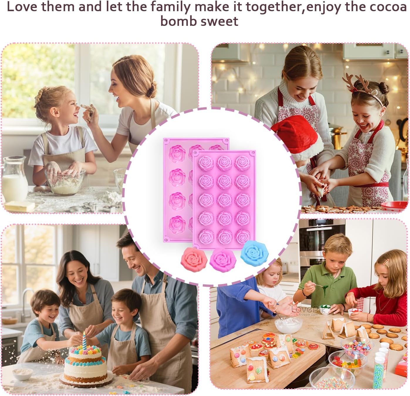 MEMOVAN 15 Cavity Rose Silicone Fondant Mold 2pcs 3D Flower Cake Resin Mold Rose Candy Chocolate Mold Flower Ice Tray Molds for Sugarcraft Cupake Decoration Soap Candle Making Clay Lotion Bar Wax