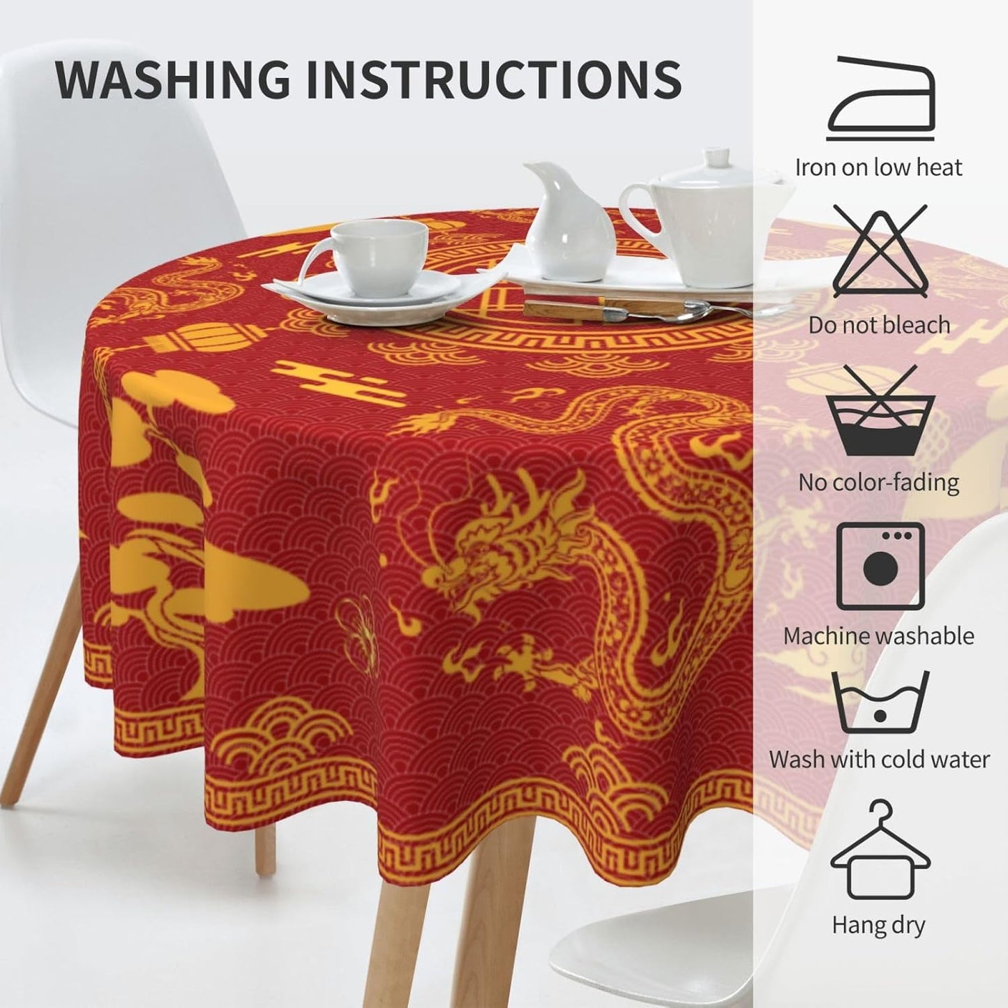 Chinese Tablecloth Round, Red Golden Traditional Zodiac Dragon Vintage Asian Style Oriental Water Resisitant Table Cover for Dining Kitchen Living Room Home Party Holiday Decor 60 inch Round