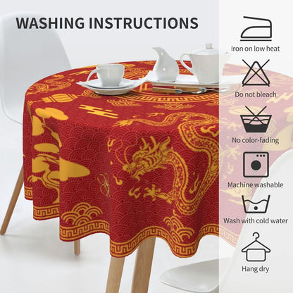 Chinese Tablecloth Round, Red Golden Traditional Zodiac Dragon Vintage Asian Style Oriental Water Resisitant Table Cover for Dining Kitchen Living Room Home Party Holiday Decor 60 inch Round