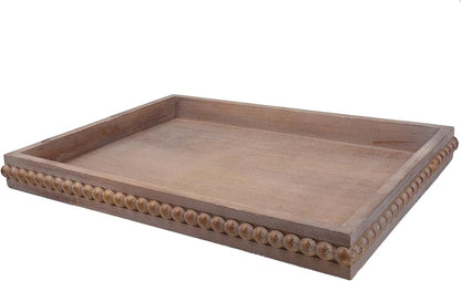 Wood Decorative Tray, Distressed Outdoor Serving Tray with Wooden Bead for Ottoman, Coffee Table, Entertaining, Home Decor, Rectangular 15.7”*11.8”*1.57” (Retro Brown)