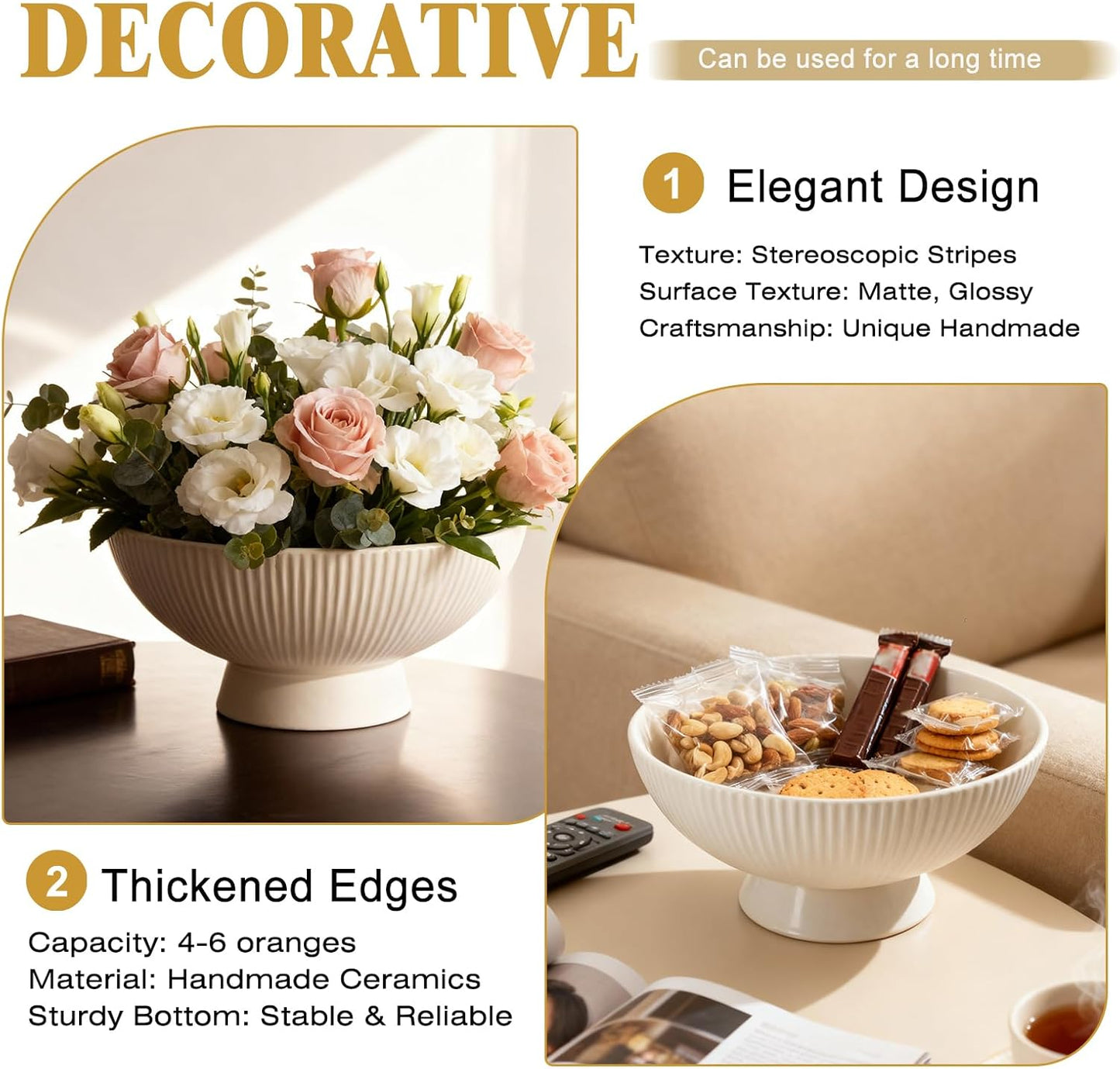 White Ceramic 8 Inch Small Decorative Bowl Fruit Bowl for Kitchen Counter Modern Pedestal Footed Centerpiece Bowl for Coffee Table & Home Decor Fall Catch-All Bowl for Key, Candy