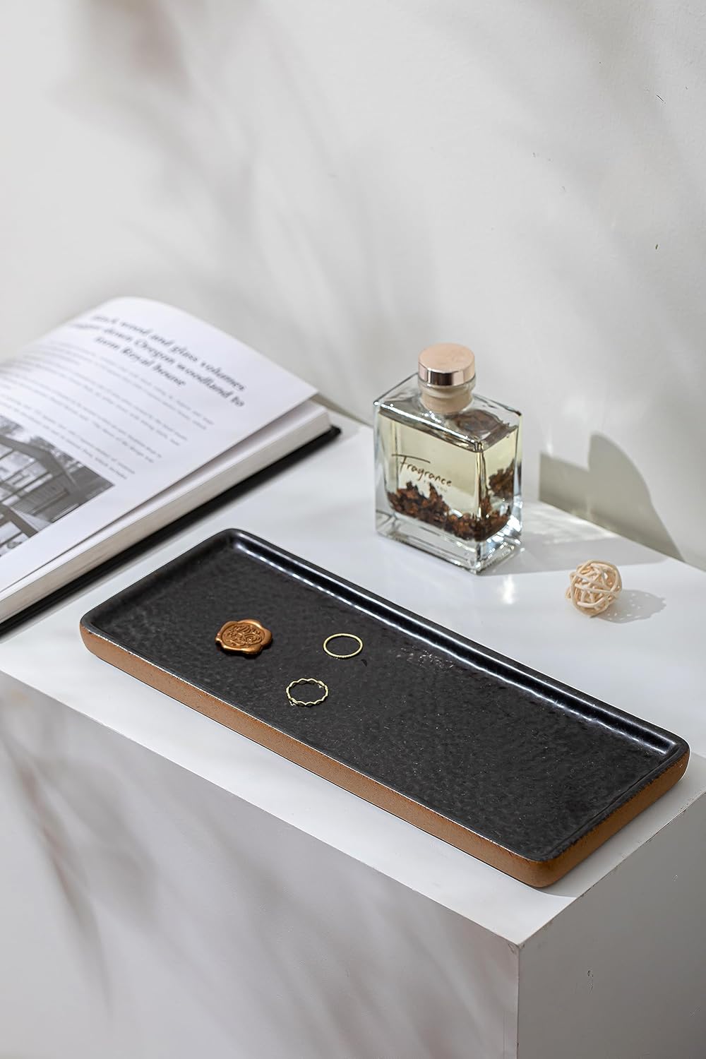 Vanity Tray with Brown Trim, Candle Tray, Bathroom Countertop Perfume Holder Organizer, Decorative for Dresser, Table, Countertop, Home décor, Rectangular, Black, 12''×4.7''