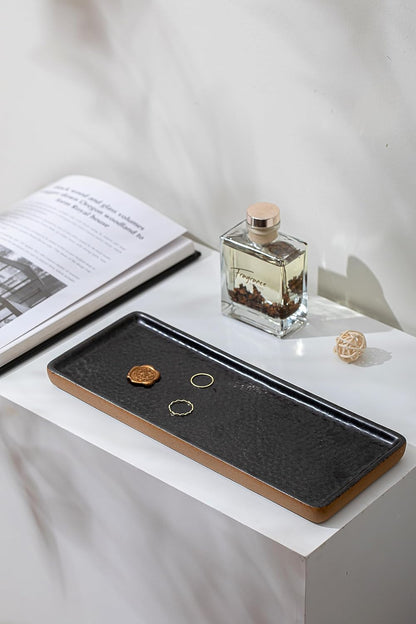 Vanity Tray with Brown Trim, Candle Tray, Bathroom Countertop Perfume Holder Organizer, Decorative for Dresser, Table, Countertop, Home décor, Rectangular, Black, 12''×4.7''