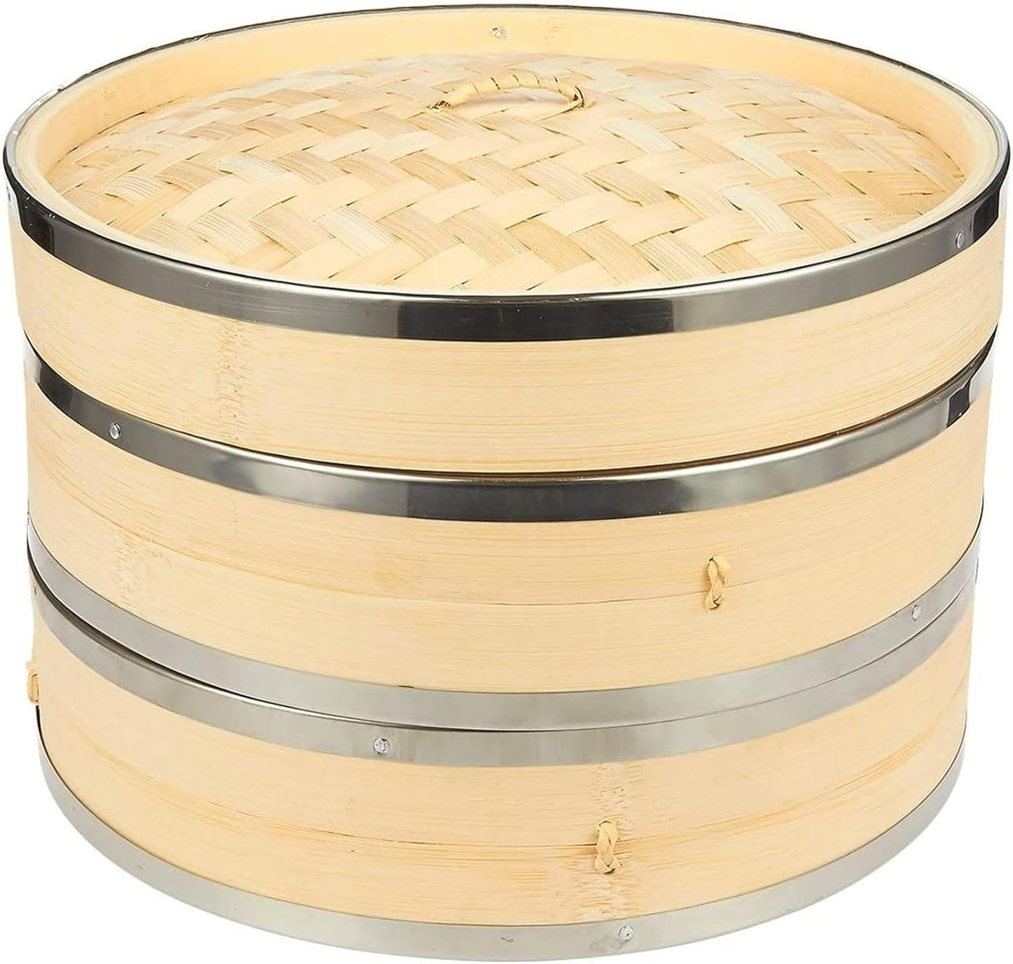 Juvale 2-Tier Steamer Pot Insert with Steel Rings - 10" x 6.5", Beige - Bamboo & Steel Stackable Basket for Rice & Dumpling Steamer for Vegetables