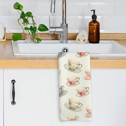 Vintage Spring Floral Teacups Kitchen Dish Towels, Retro French Garden Tea Lover Gifts, Coffee Cup Kitchen Decor, Roses Flower Hand Towels Kitchen Tea Towels Decorations, 16x24inch