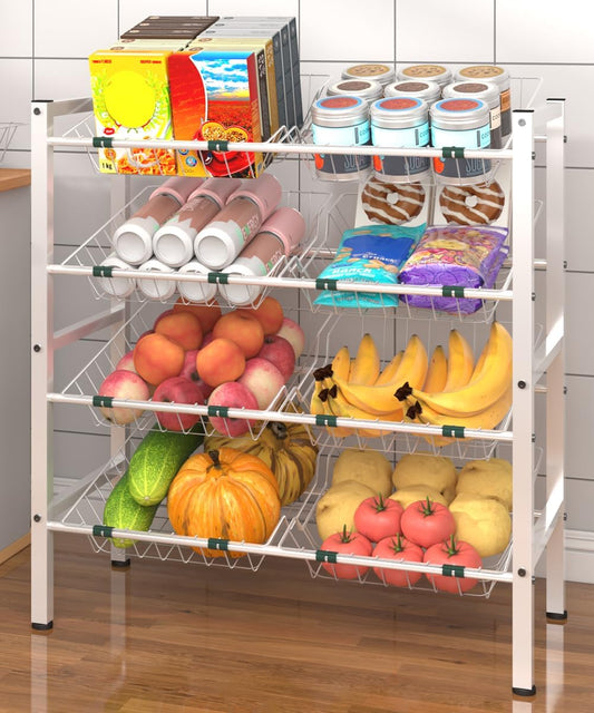 4-Tier Kitchen Storage Rack, Metal Pantry Storage Stand, Fruit Basket Stand with 8 Fruit Vegetable Baskets, Freestanding Snack Organizer Shelf Unit for Living Room, Office, Apartment, White