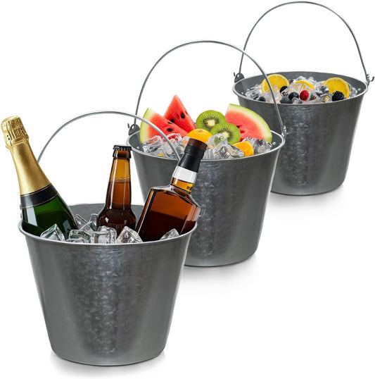 PLEXON Galvanized Metal Ice Bucket for Parties Coctail Bar Restaurant Set of 3 - Drink Beer Champagne Metal Pail Bucket with Handle, Beverage Chiller Cooler Small 1.3 Gallon