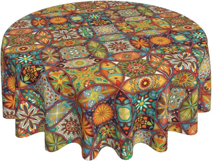 Mexican Ceramic Round Tablecloth, Colorful Talavera Tile Mandala Traditianal Boho Water Resisitant Wipeable Table Cover for Dining Kitchen Living Room Home Party Holiday Decor 36 inch Round