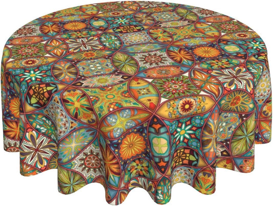Mexican Ceramic Round Tablecloth, Colorful Talavera Tile Mandala Traditianal Boho Water Resisitant Wipeable Table Cover for Dining Kitchen Living Room Home Party Holiday Decor 36 inch Round