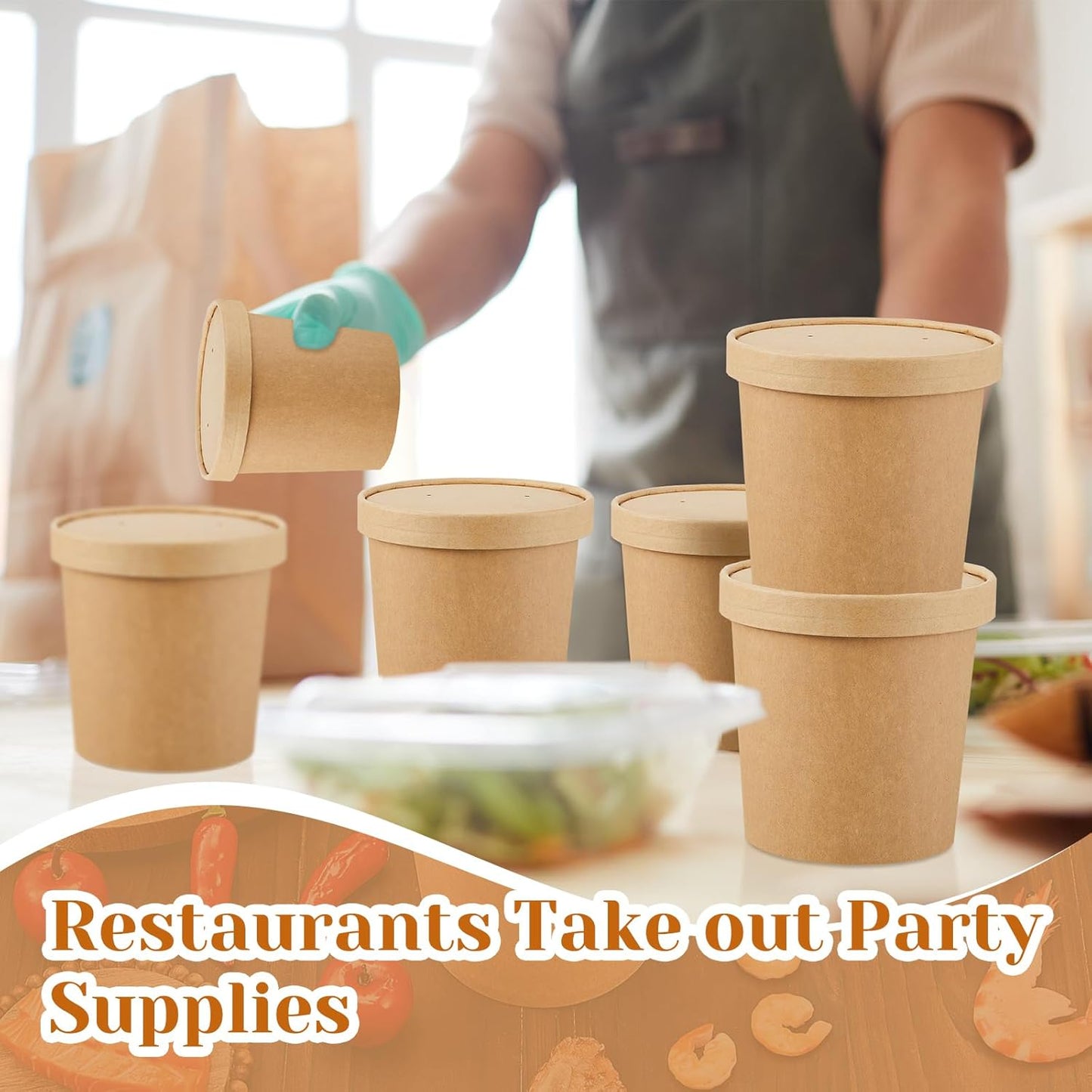 Sabary 50 Pack 20 oz Paper Soup Containers with Lid Disposable Kraft Soup Food Bowl Microwavable Food Storage Ice Cream Containers Nice for Restaurants(Brown)