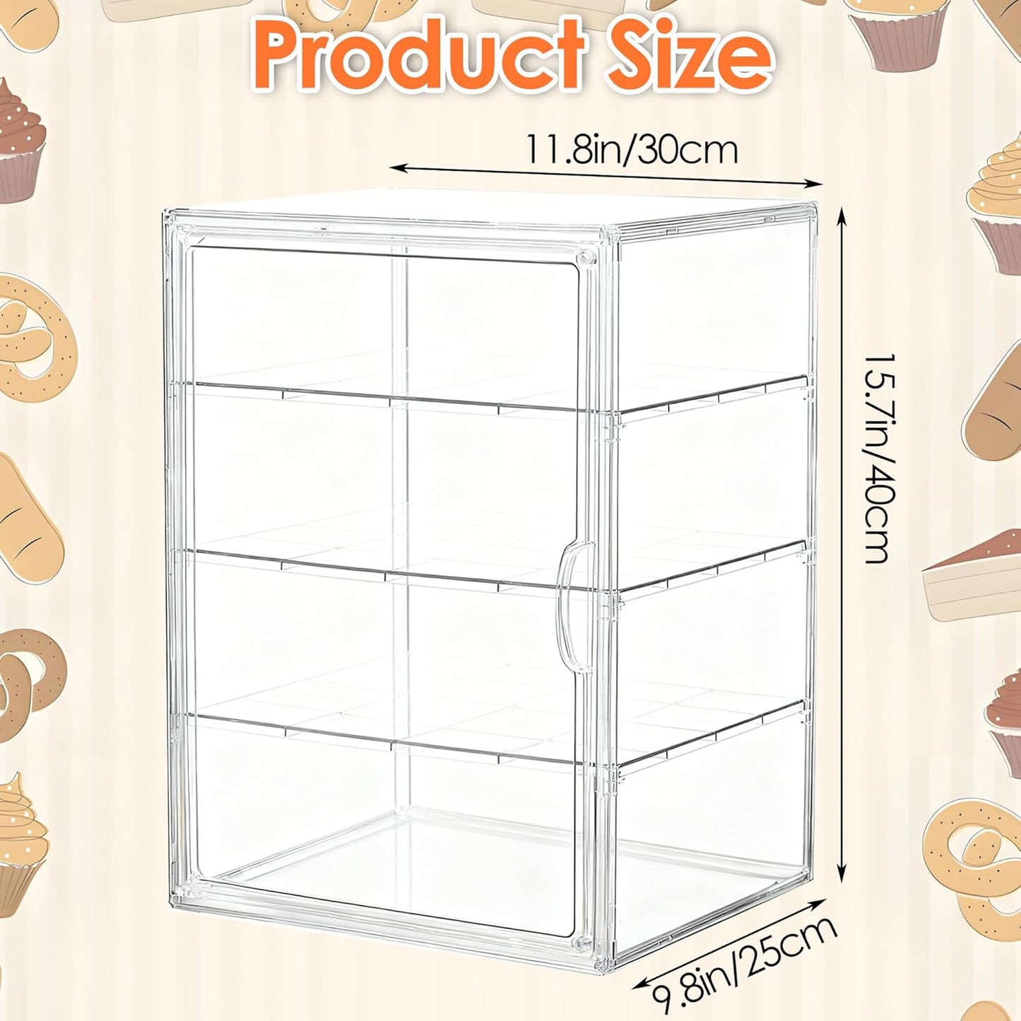 Pastry Display Case, Acrylic Bakery Display Case 3-Tier Pastry Display Cabinet with Removable Shelves and Front Door, Clear Bread Display Box for Bakery, Coffee Shop, Buffet