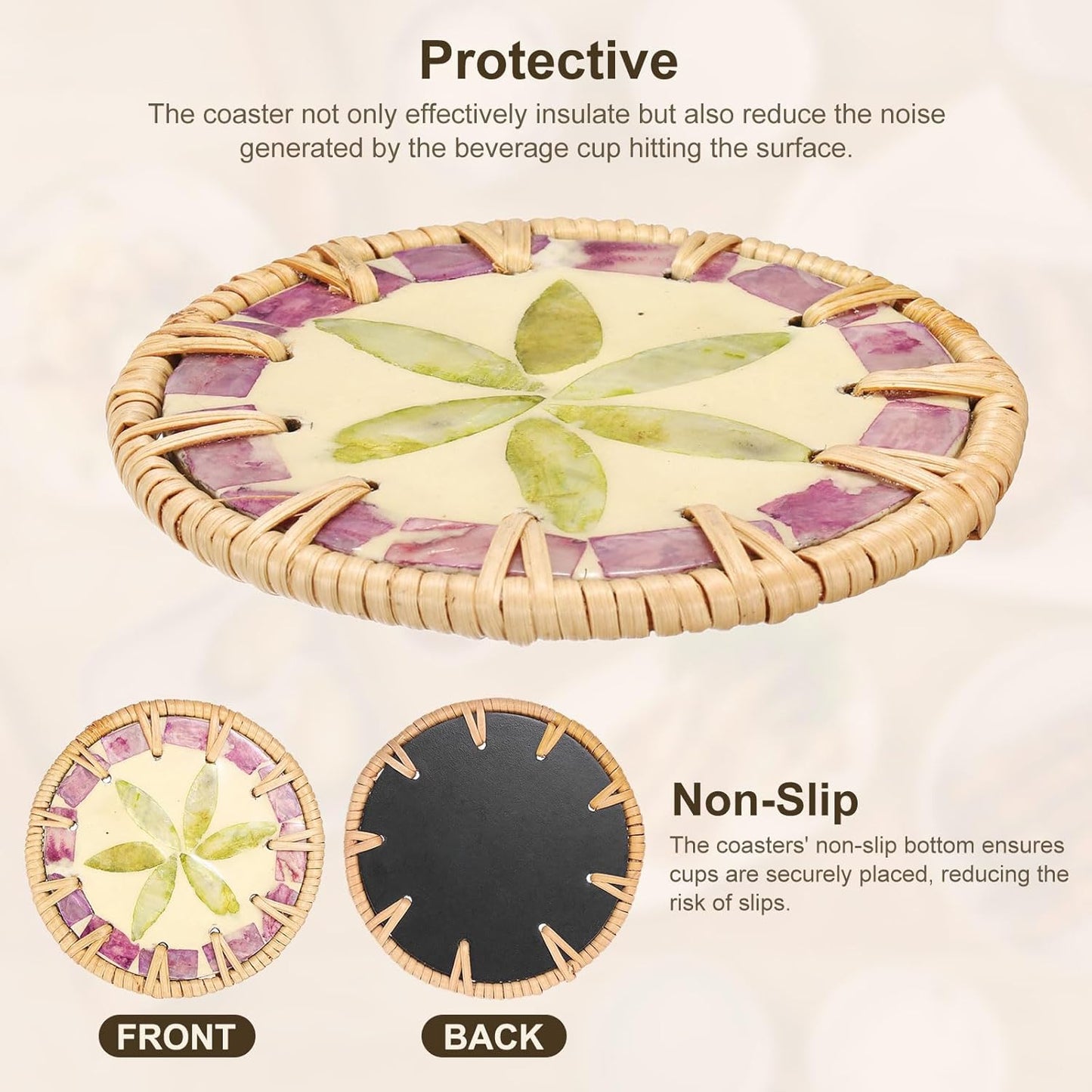 uxcell 2Pcs Handmade Woven Rattan Coasters, Heat-Resistant Drink Coasters for Coffee Table Dining Room Kitchen Coffee Wine Decor, Light Green Petal