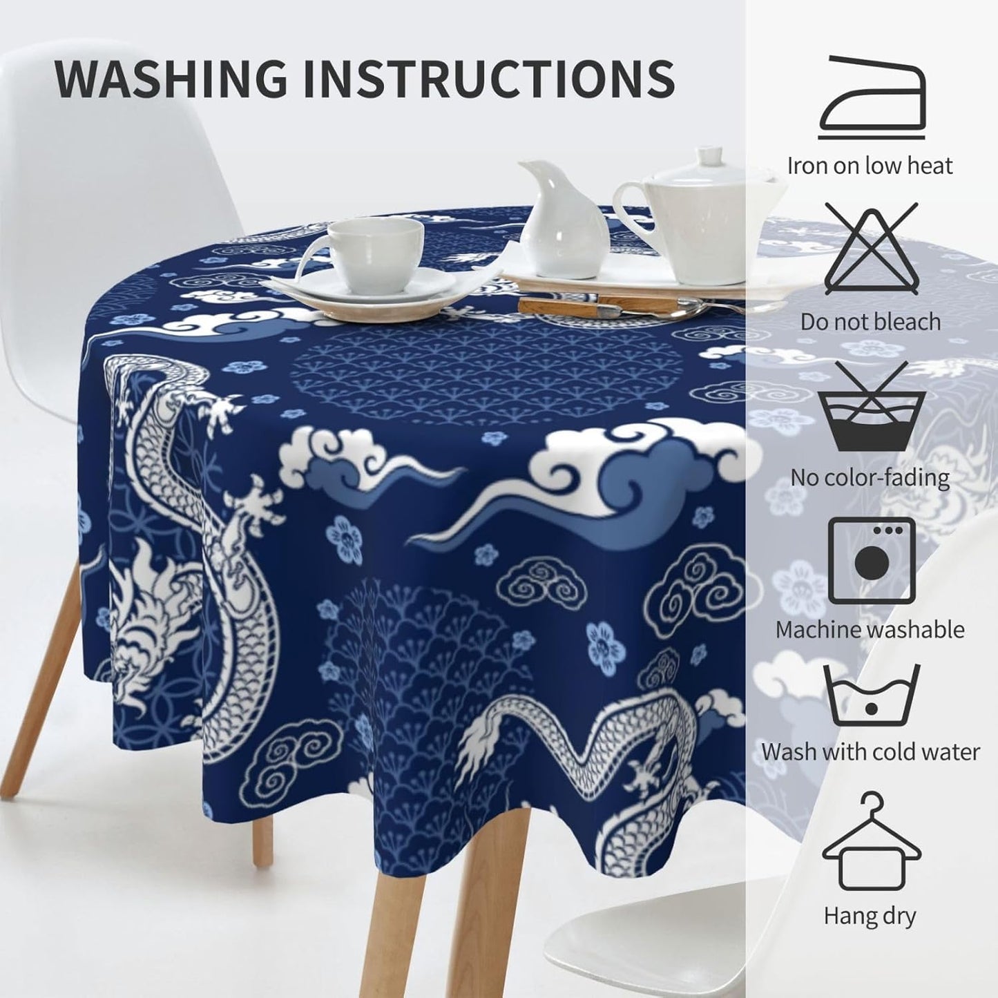 Japanese Tablecloth Round, Blue Traditional Zodiac Dragon Vintage Asian Style Oriental Water Resisitant Table Cover for Dining Kitchen Living Room Home Party Holiday Decor 60 inch Round