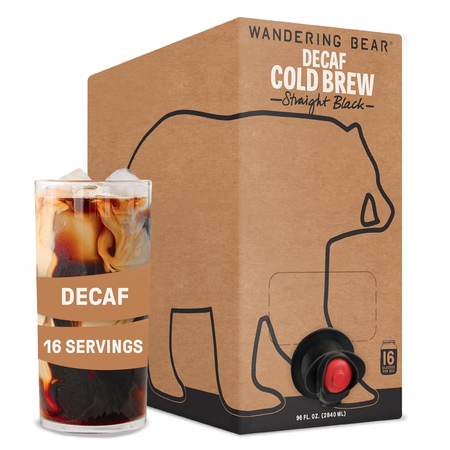 Wandering Bear Decaf Cold Brew Coffee On Tap, Iced Coffee Drink - Bold, Smooth, No Sugar Added, Shelf-Stable, Ready to Drink, Gluten Free & Vegan Decaf - 16 Servings of 6fl.oz - 96fl.oz